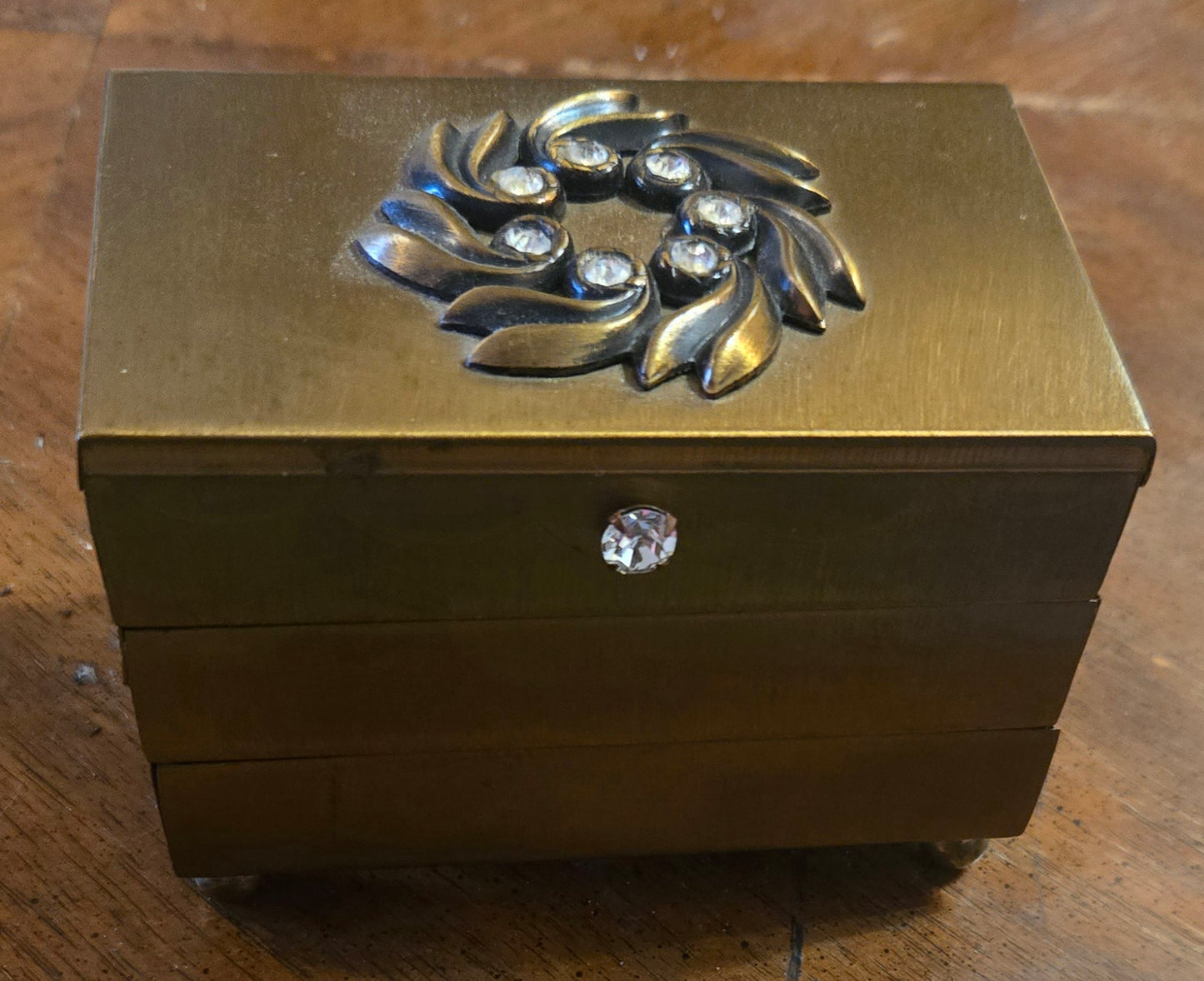 VINTAGE Mini Brass Jewelry Box Treasure Chest 2-Tier Footed Knob Rhinestones Velvet