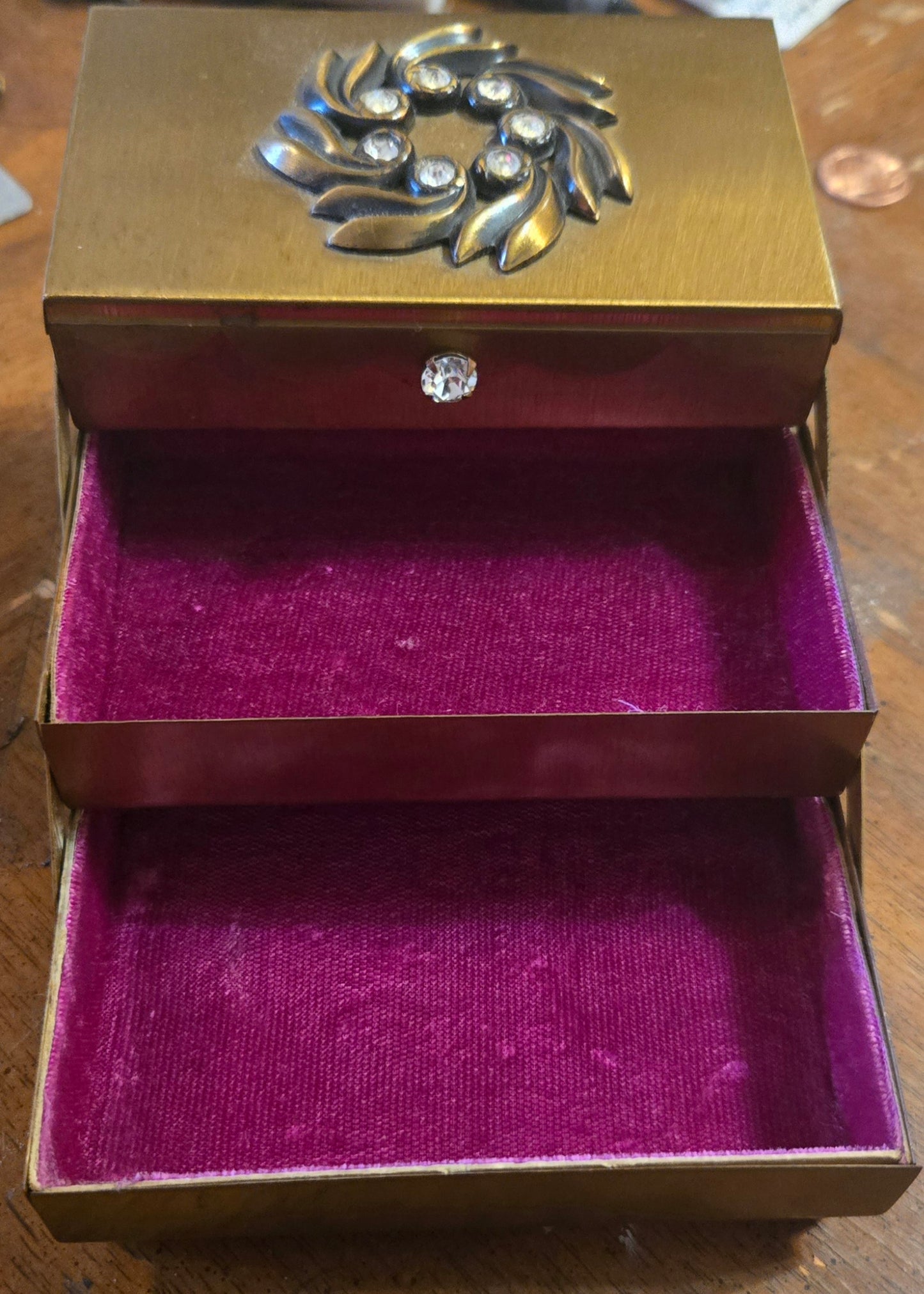 VINTAGE Mini Brass Jewelry Box Treasure Chest 2-Tier Footed Knob Rhinestones Velvet