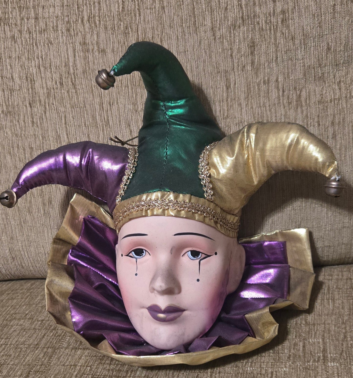 Mardi Gras Jester Porcelain Face  with Green, Gold, and Purple Hat