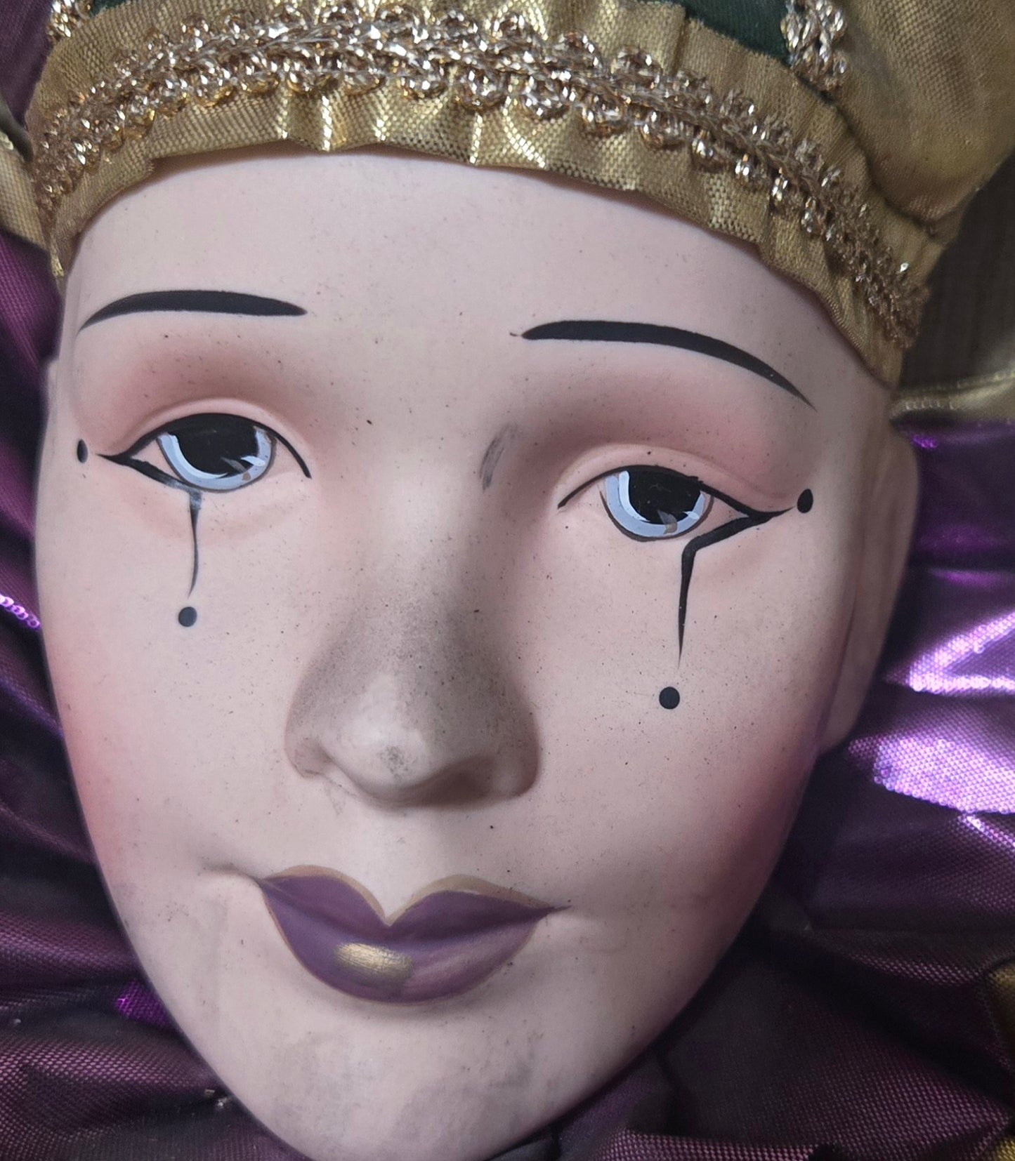 Mardi Gras Jester Porcelain Face  with Green, Gold, and Purple Hat