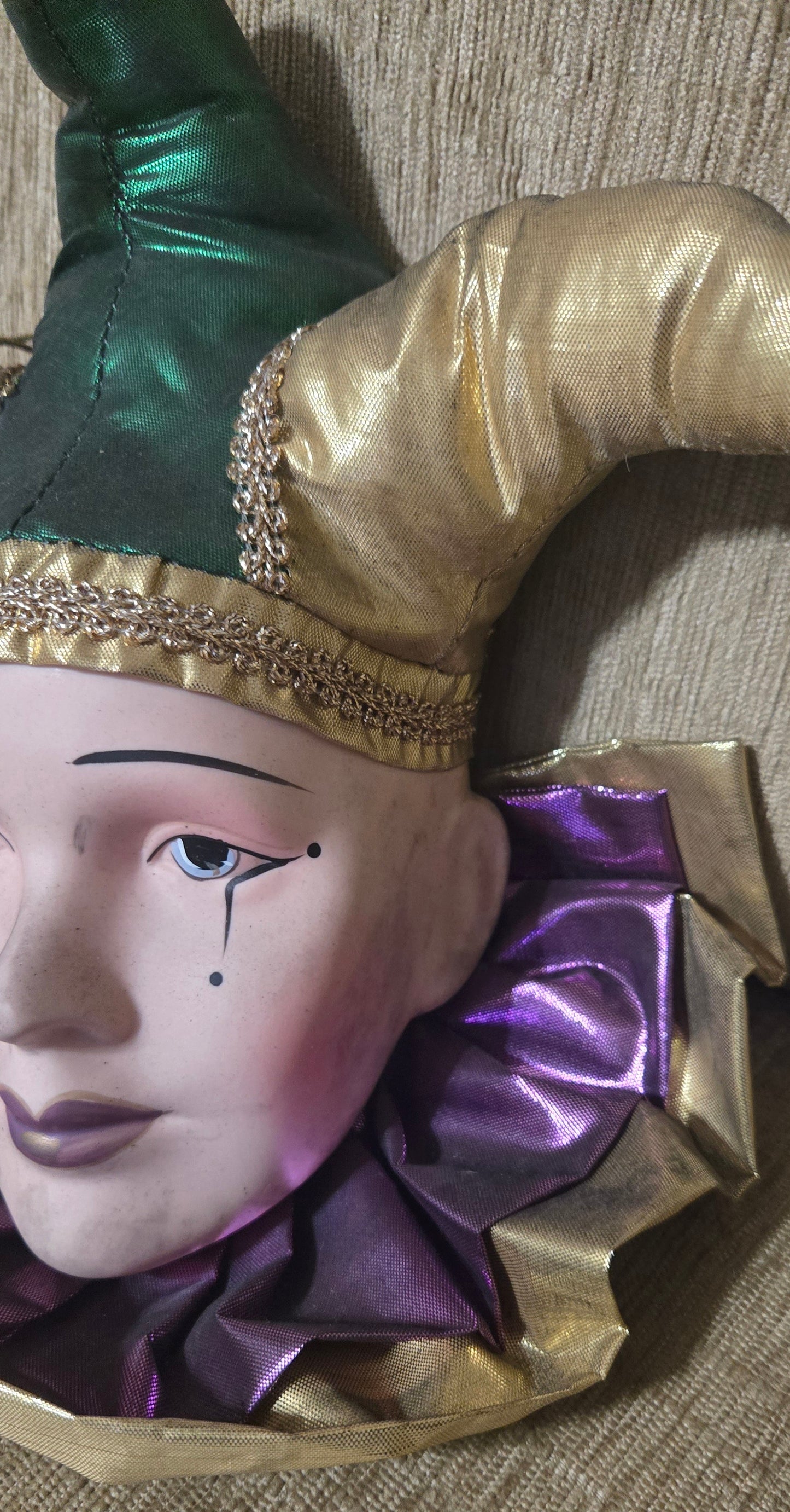 Mardi Gras Jester Porcelain Face  with Green, Gold, and Purple Hat