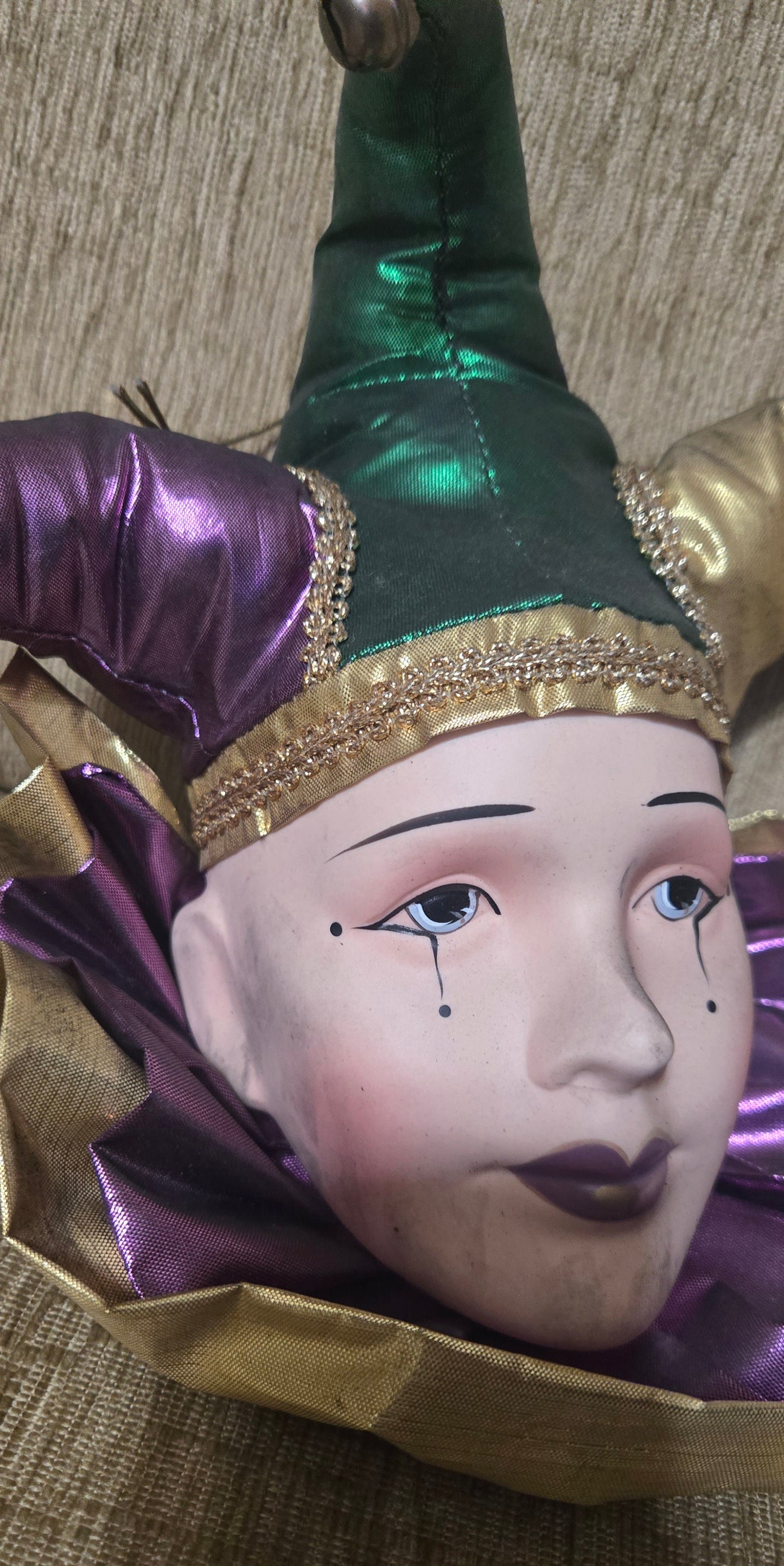 Mardi Gras Jester Porcelain Face  with Green, Gold, and Purple Hat