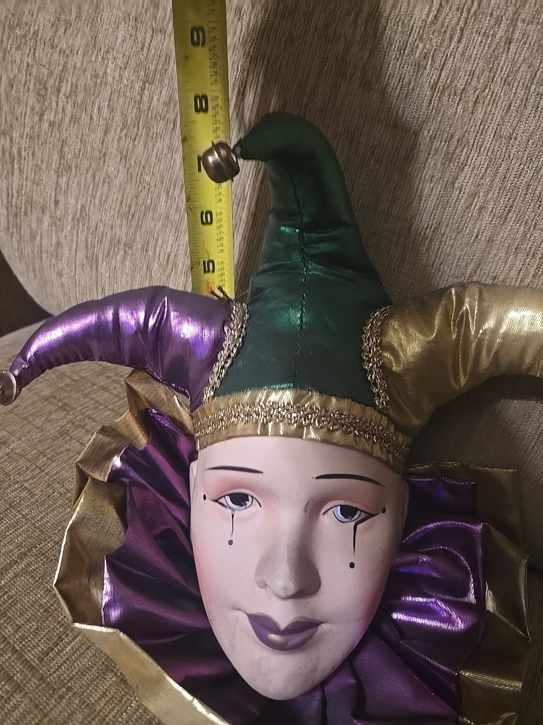 Mardi Gras Jester Porcelain Face  with Green, Gold, and Purple Hat