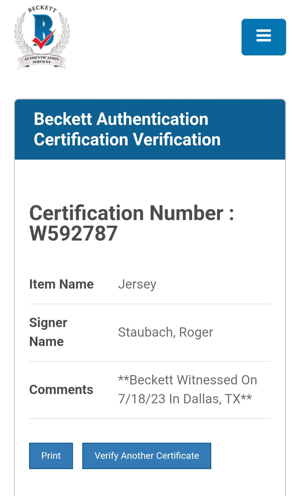 ROGER STAUBACH AUTOGRAPHED JERSEY