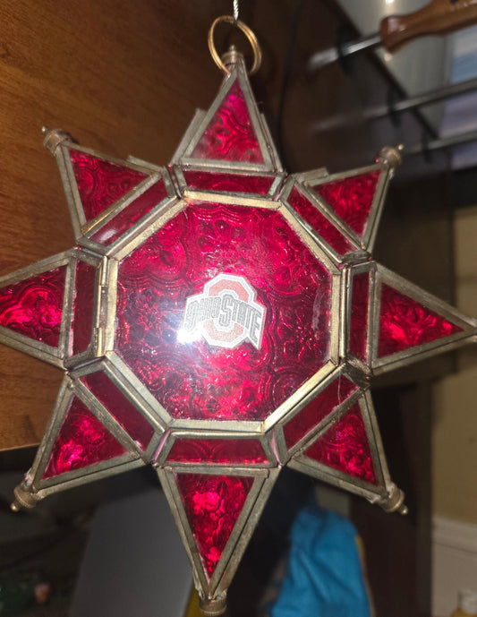 Ohio State University Glass hanging star lantern red and silver, tea-light holder. Candle.