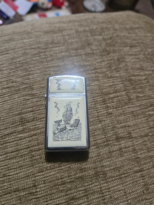 Vintage Zippo Slim Line Scrimshaw Ship Whale Lighter 1986