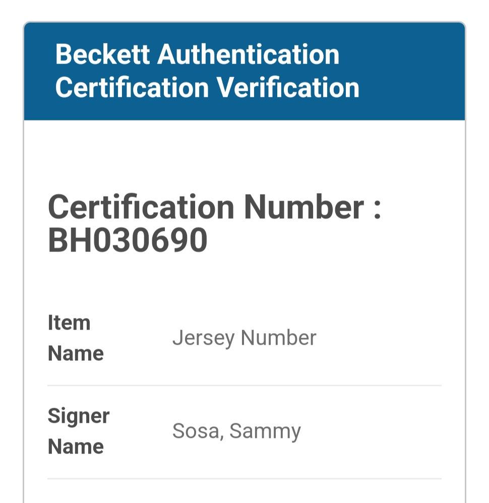 SAMMY SOSA AUTOGRAPHED JERSEY / BECKETT